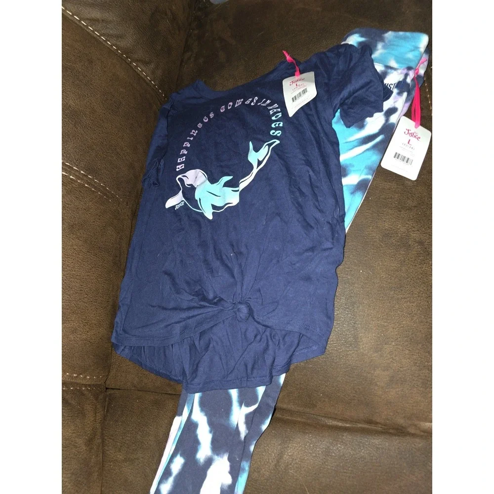 Justice happiness comes in waves dolphin top and tie dye leggings size 12 14 nwt